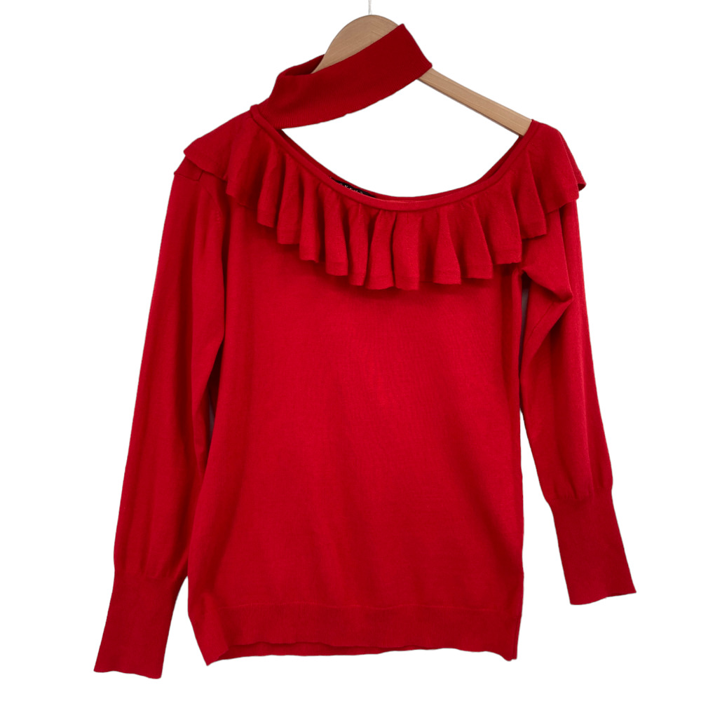 Cyrus Sweater Womens Small Red Knitted Rayon Long Raglan Sleeve Ruffle Pullover